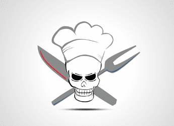 Skull with chef's hat with crossed spoon and fork logo design