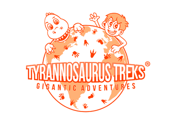 orange earth with dinosaur and children footprint logo
