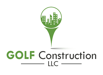 buildings on golf ball stand golf course logo