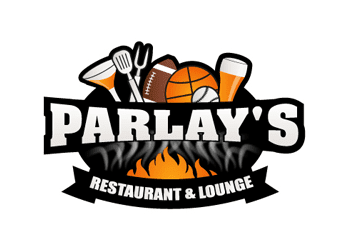 illustrative sports bar and grill logo with flames, balls, beer