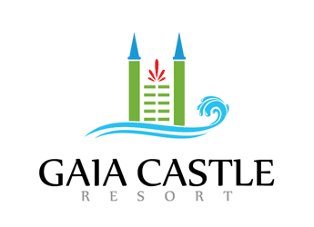 castle and waves icon in resort logo design