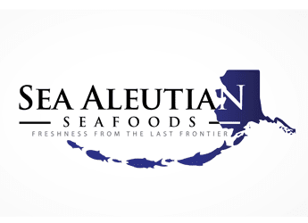 Aleutian Island with trailing fishes company logo