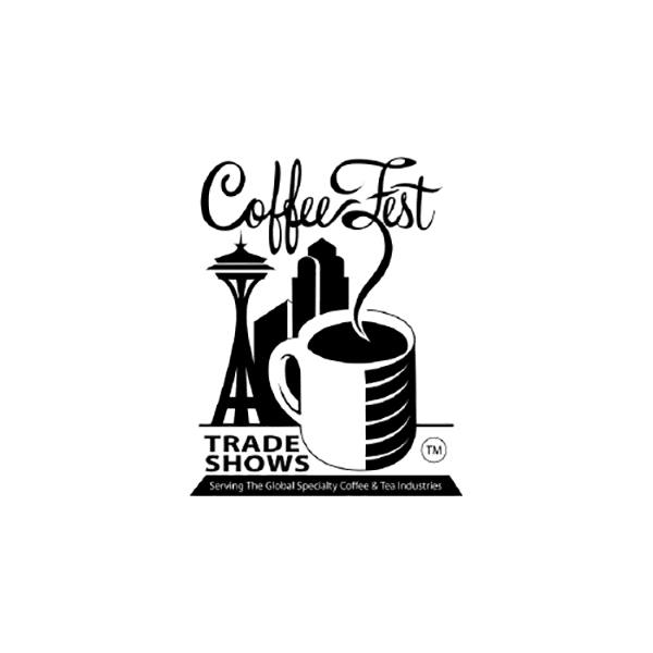 coffee logo with buildings and steaming mug